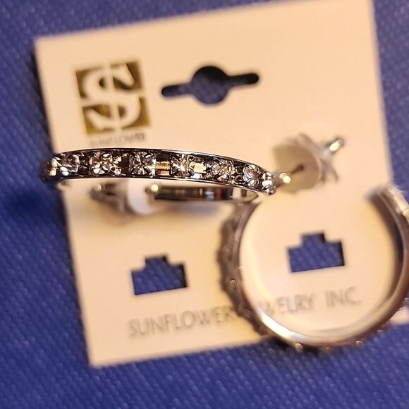 Silver Toned Studded Hoop Earrings With Faux Rhinestones - Picture 4 of 4